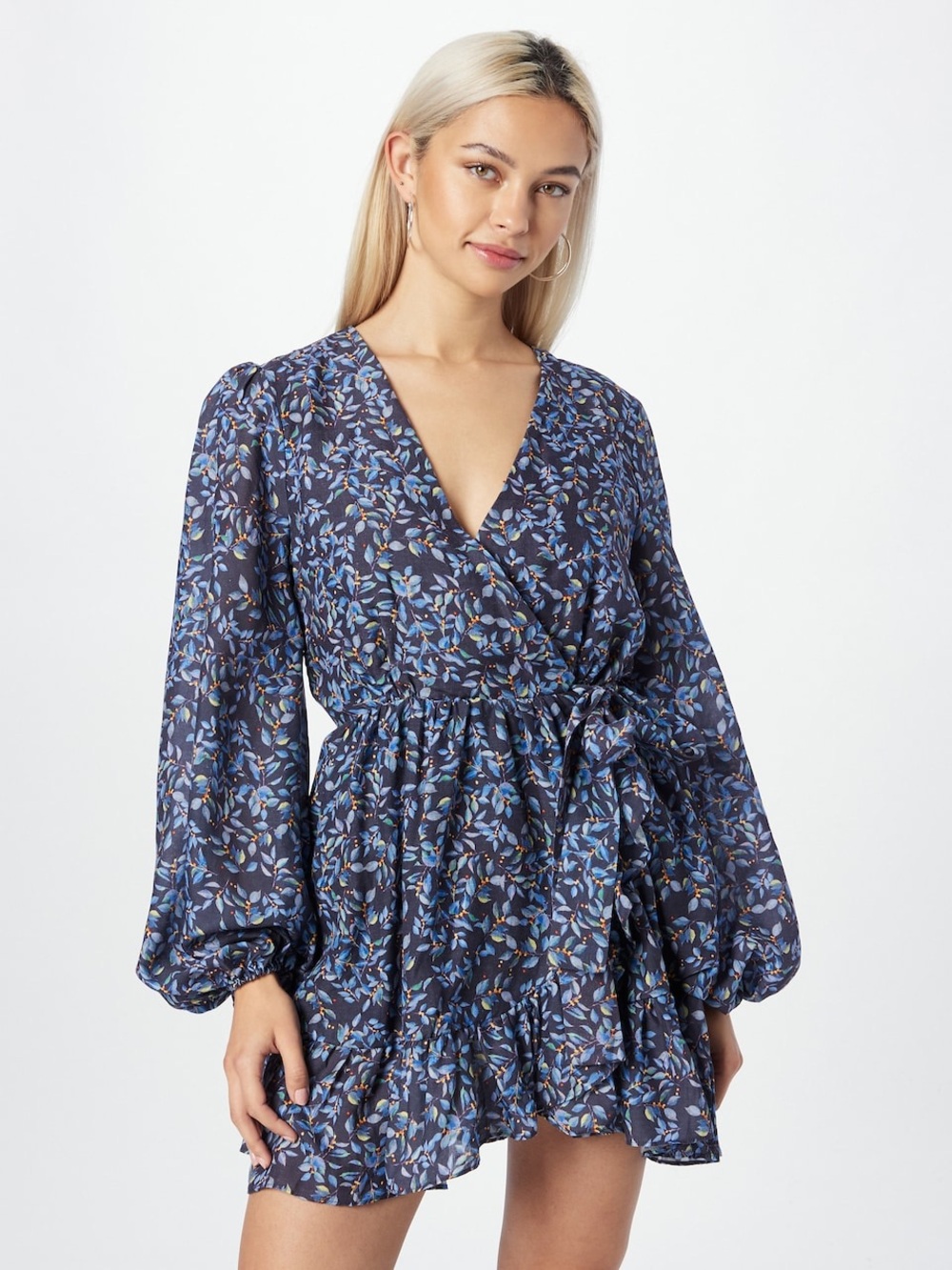 Bardot Navy Blue Floral Wrap Dress with Tie Waist